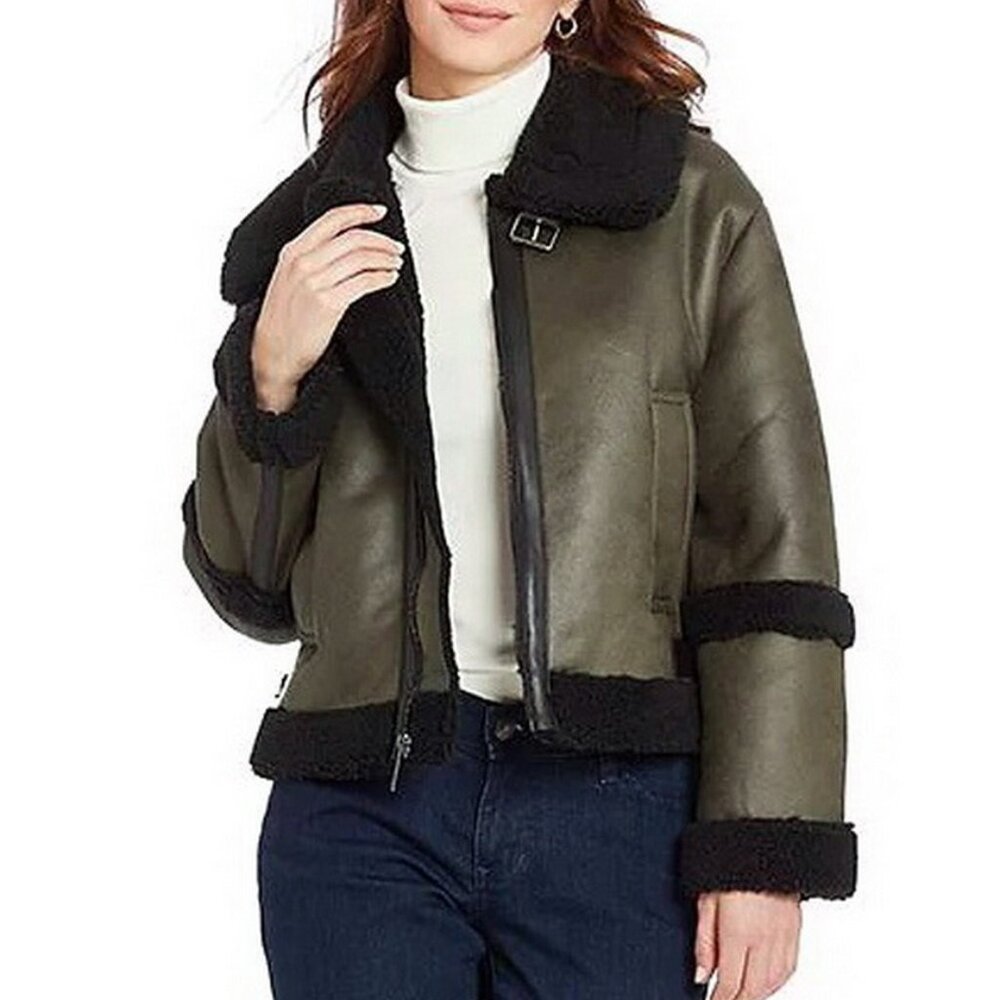 NEW Frye Women Water Resistant Faux Leather & Shearling Aviator Jacket Coat
